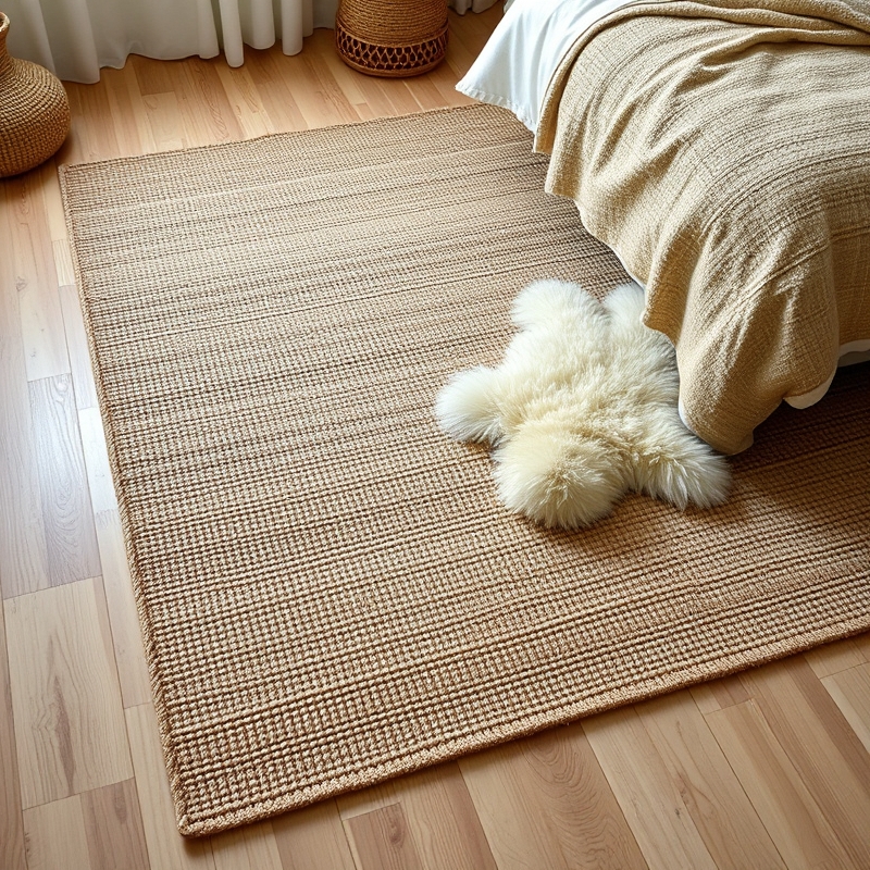 Two neutral textured rugs layered in a bedroom