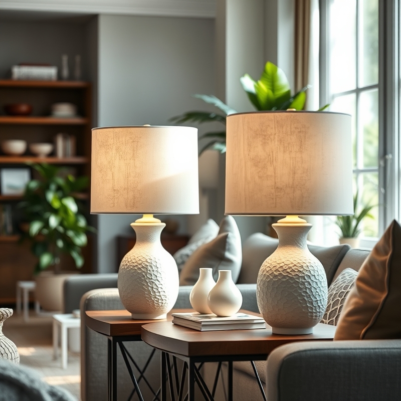 White ceramic table lamps in a living room