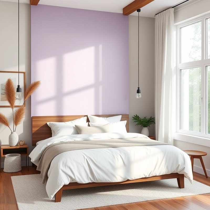 soft lavender bedroom with dark wood accents
