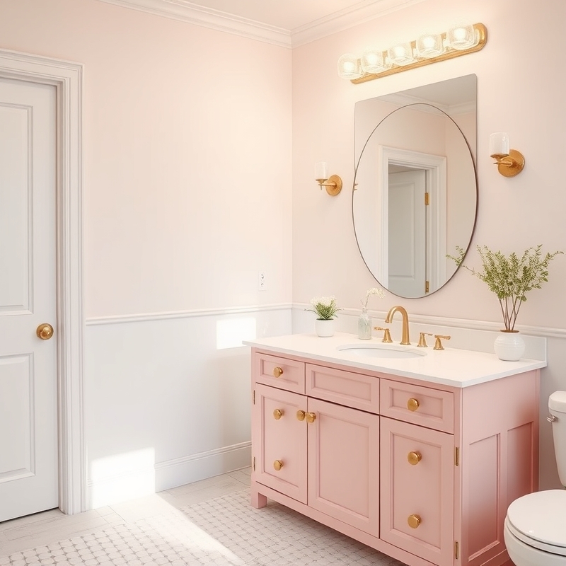 pastel pink bathroom vanity with round gold knobs