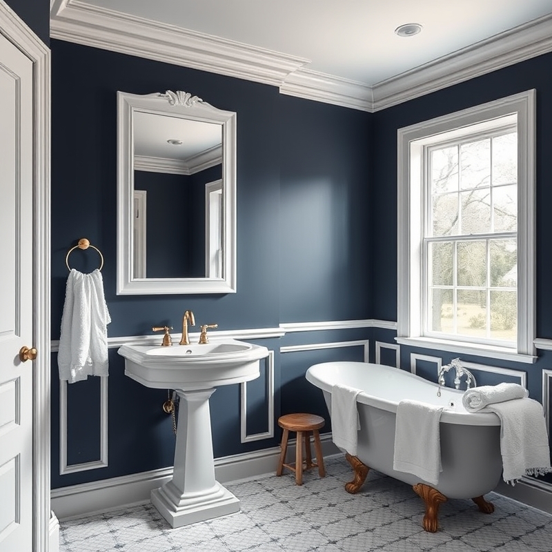 Deep navy bathroom walls with white trim and gold fixtures