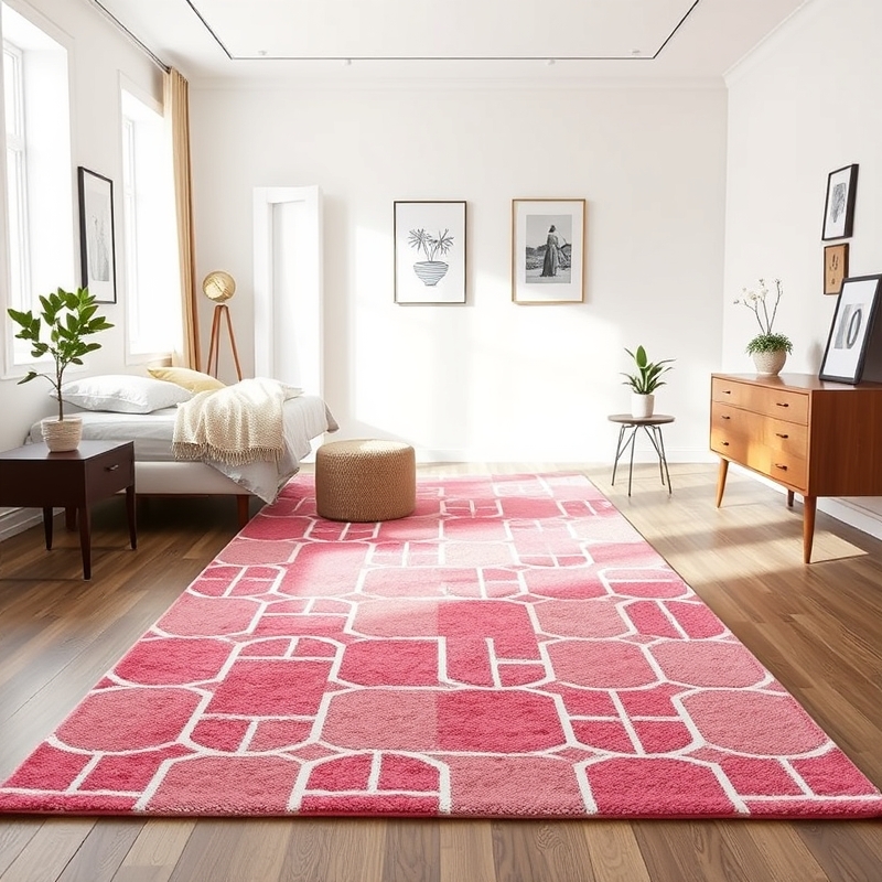 Pink geometric patterned rug in a bedroom