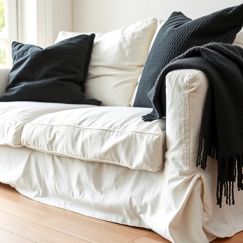 living room with white linen sofa and black cushions