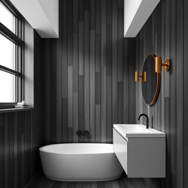 bathroom with floor to ceiling vertical black wood paneling