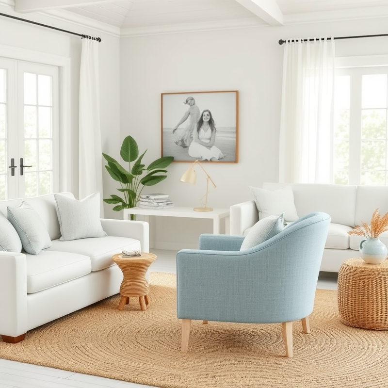 light blue accent chair in coastal living room