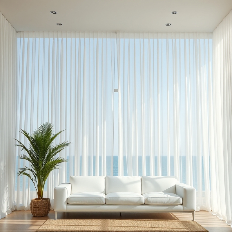 sheer white curtains blowing in breeze in coastal living room