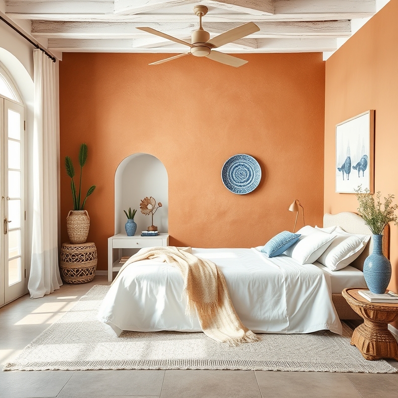 terracotta accent wall bedroom with blue accents