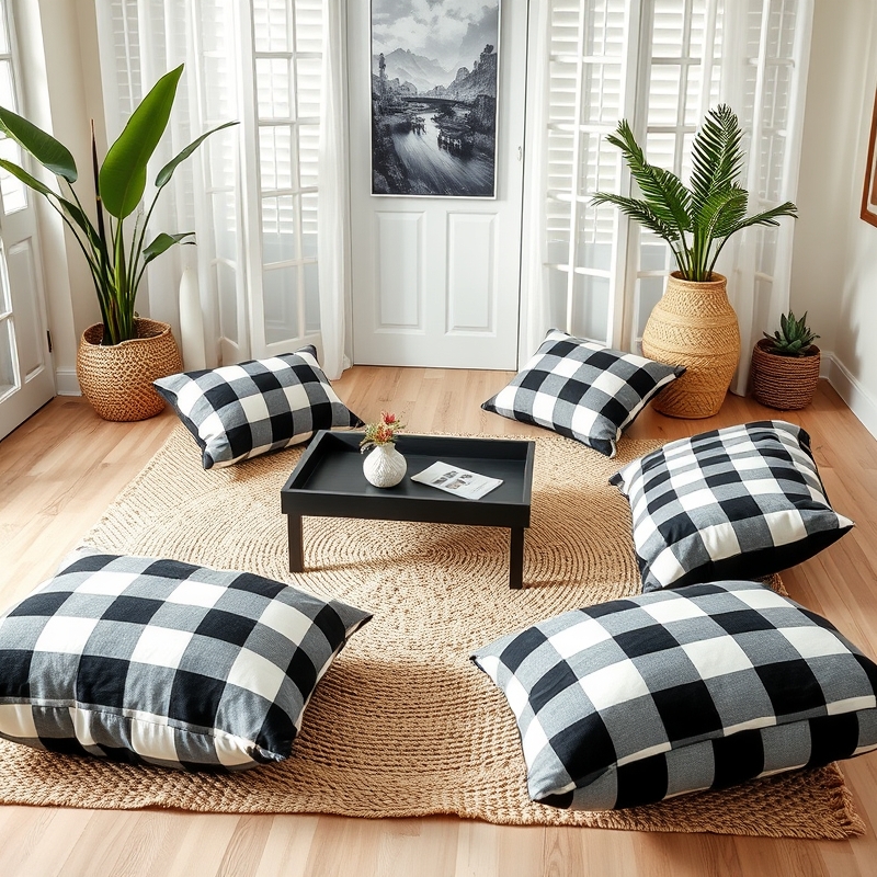 large black and white checkered cushions on a light rug