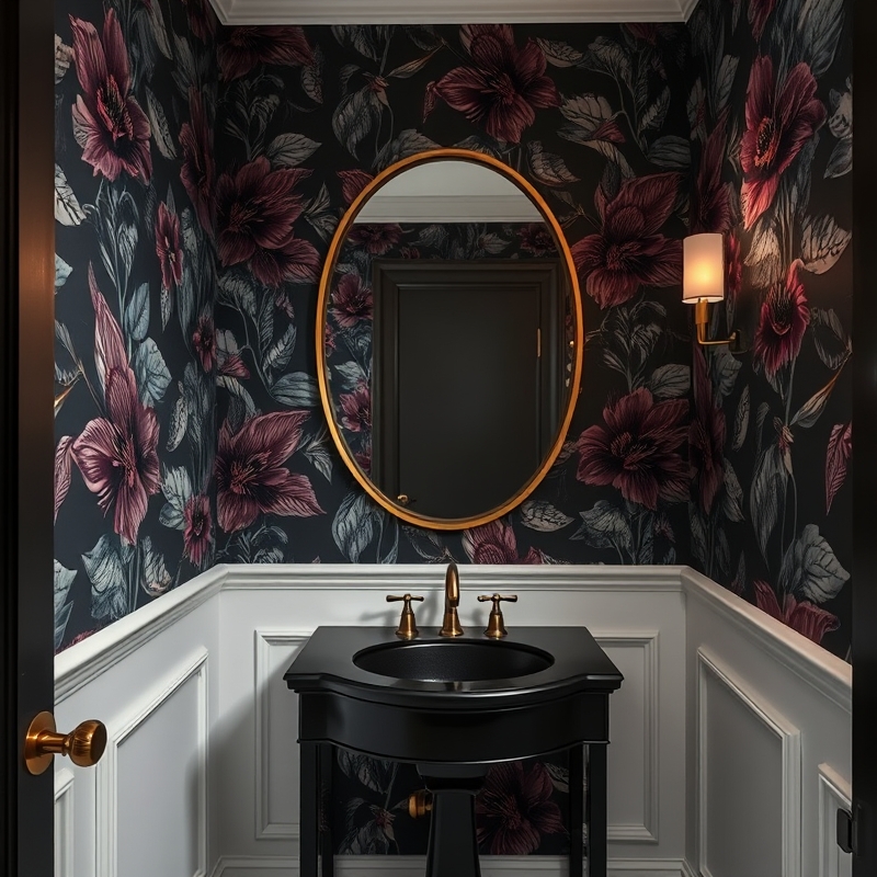 dark floral wallpaper in moody bathroom with brass mirror