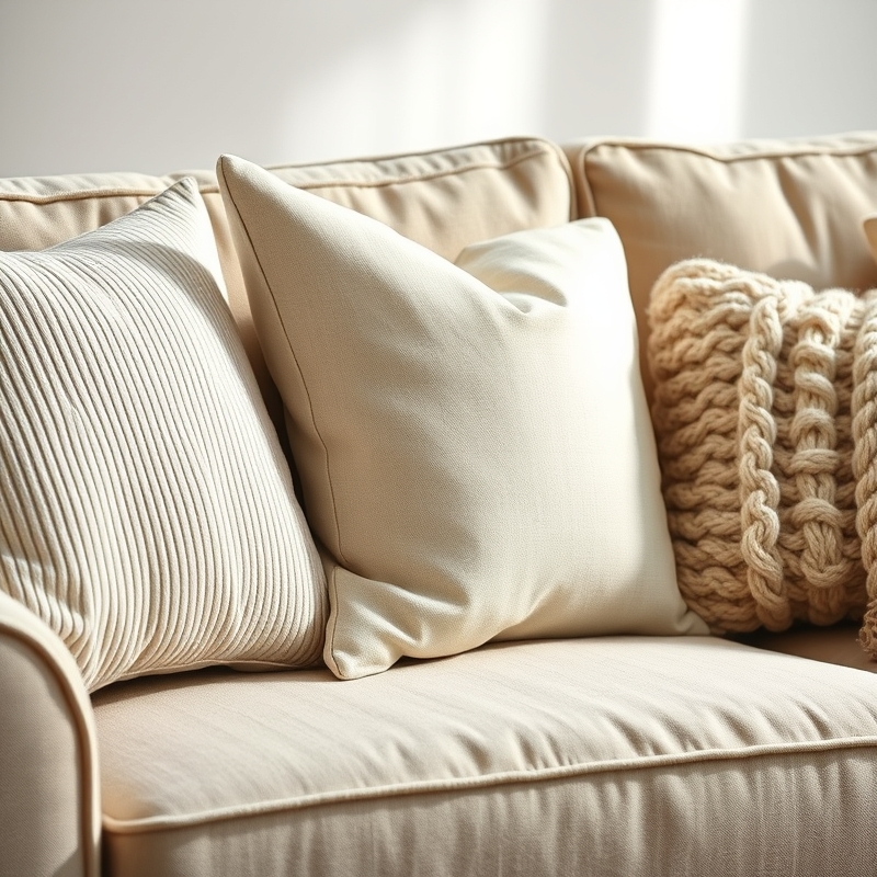 Layered neutral cushions on a sofa