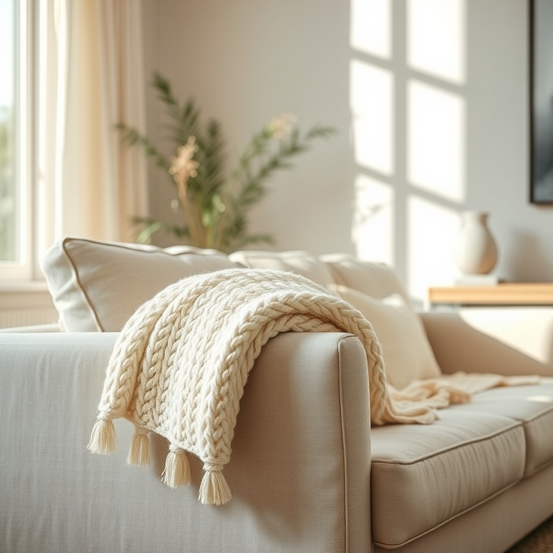 Cream chunky knit blanket draped over sofa arm