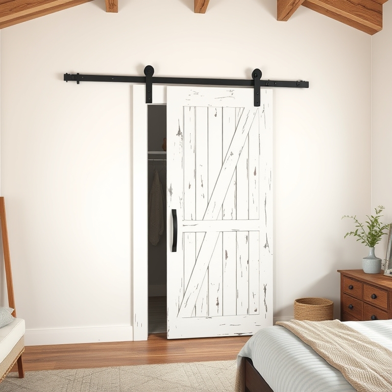 A white weathered sliding barn door leading to a bedroom closet