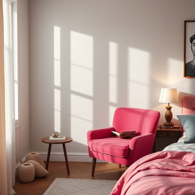 Bold pink velvet chair in a bedroom corner