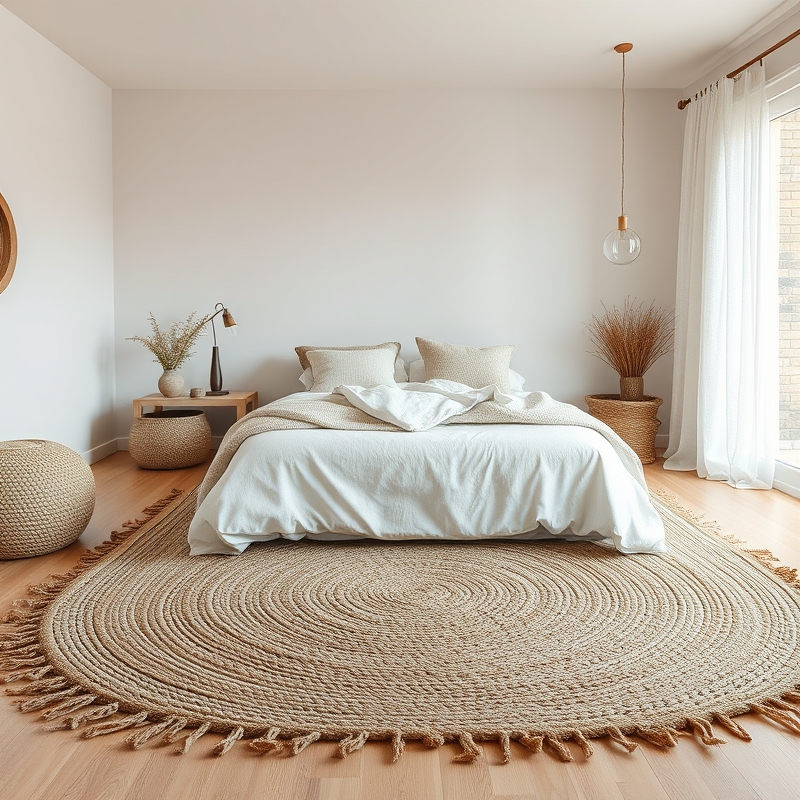 bedroom with layered jute and cotton rugs on floor