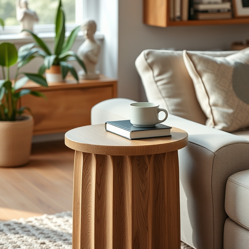 Fluted light oak side table in living room