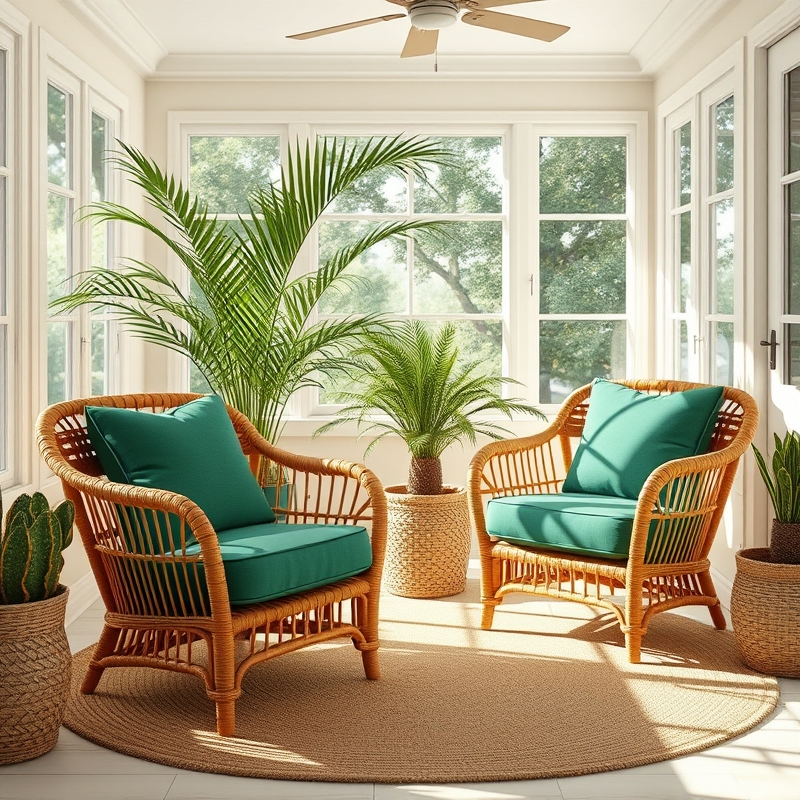 Rattan armchairs with vibrant green seat cushions