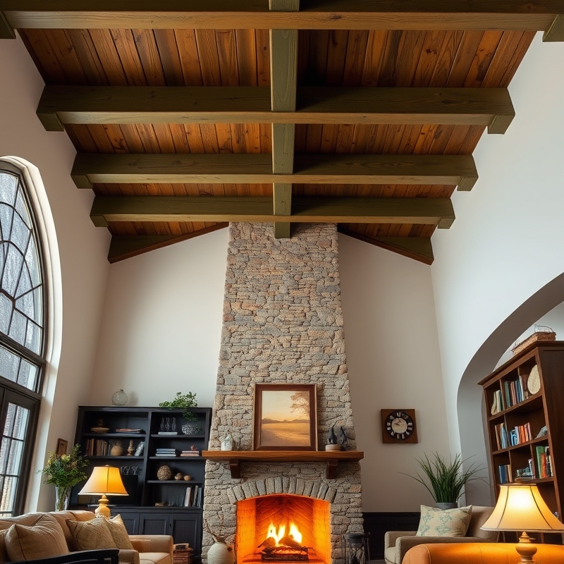 A cozy living room with an olive green painted ceiling
