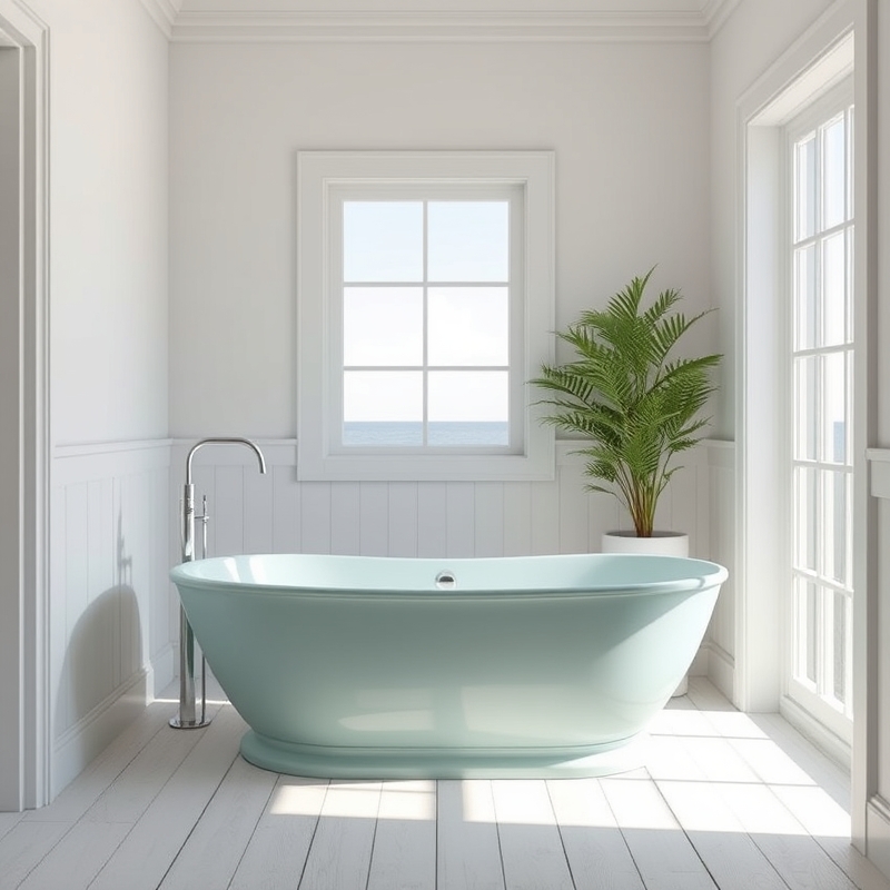 seafoam green freestanding bathtub in a bathroom