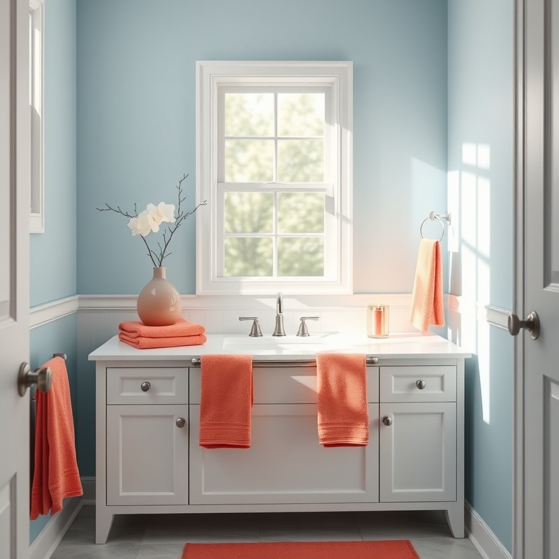 Blue bathroom with coral colored towels and accessories