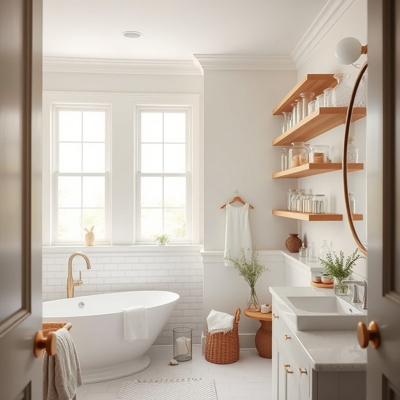 bathroom counter with glass apothecary jars filled with cotton pads and bath salts