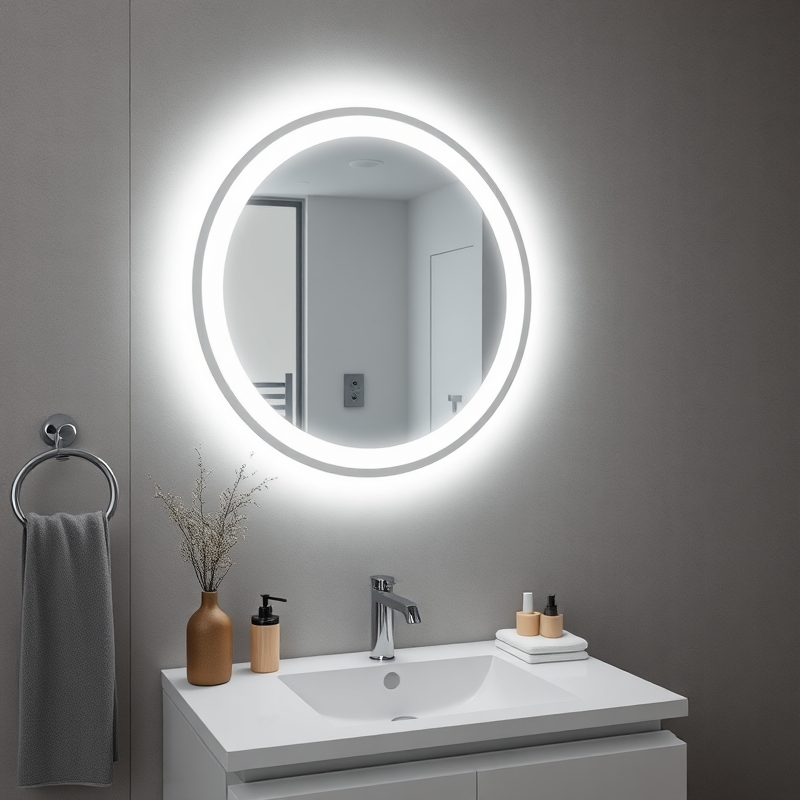 circular mirror with backlighting above a bathroom sink