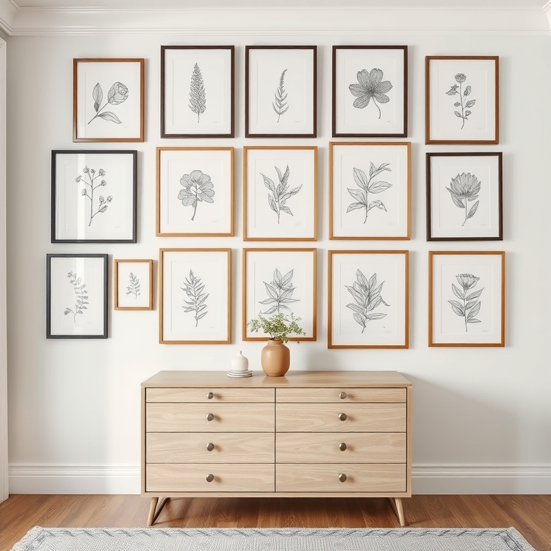 A gallery wall of framed botanical prints in a bedroom
