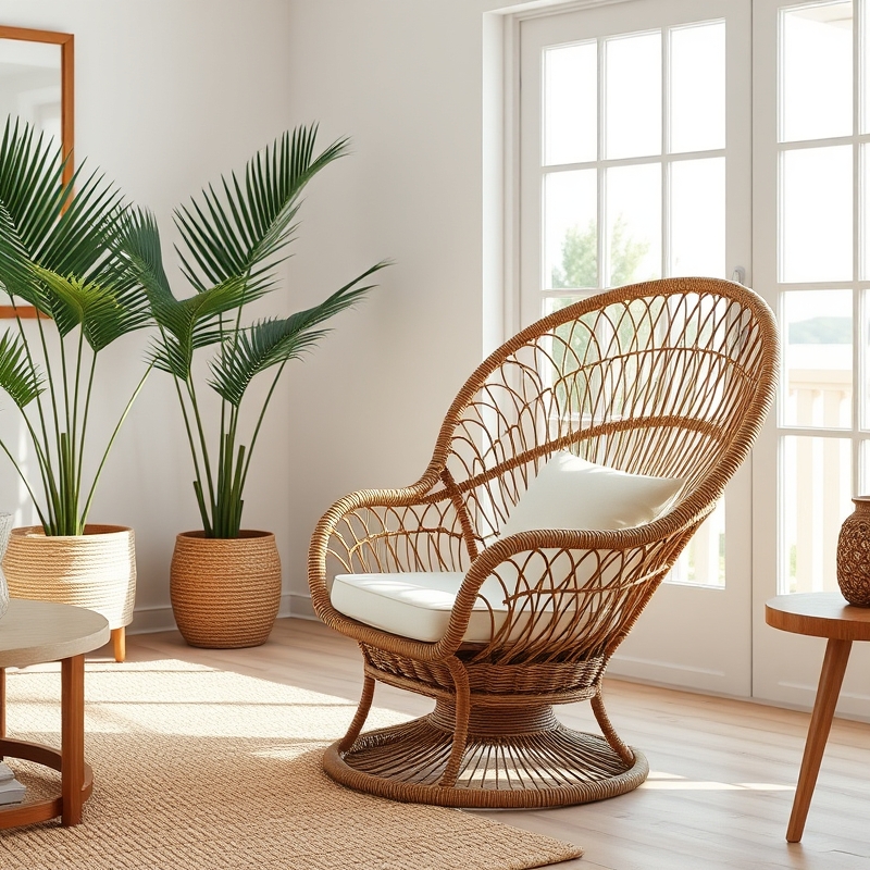wicker armchair with cream cushion in coastal living room