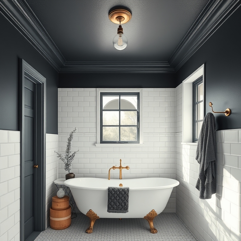 bathroom with painted dark charcoal ceiling and white walls