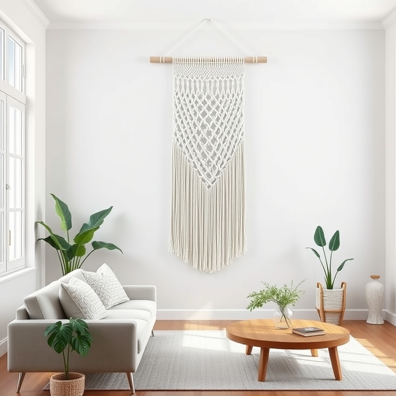 White macramé wall hanging in a living room