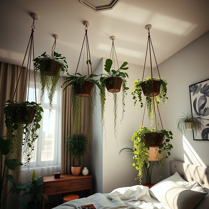 bedroom with ceiling mounted plant hangers holding trailing plants