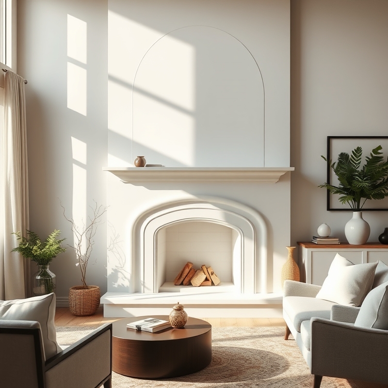 Curved white plaster fireplace in a living room