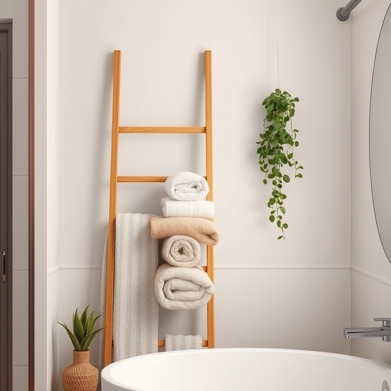 wooden leaning ladder shelf displaying rolled towels in bathroom