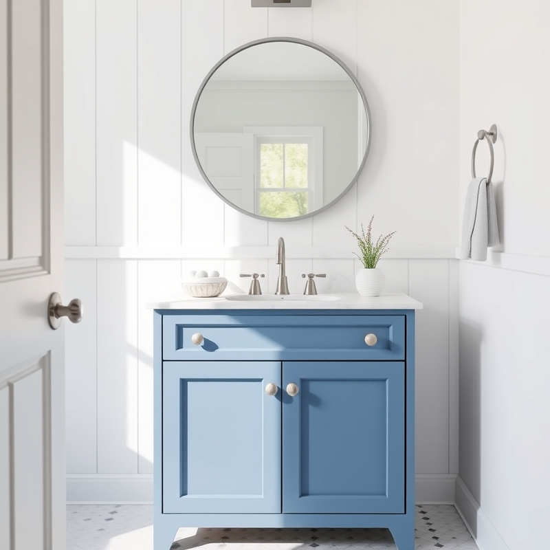 Coastal blue shaker style bathroom vanity with marble top