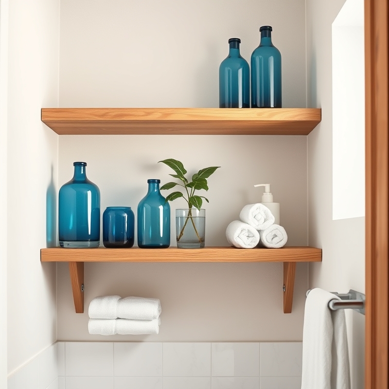 Open bathroom shelves with blue glass vases and white towels