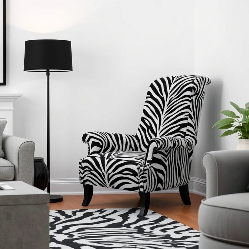 black and white zebra print armchair in a minimalist room