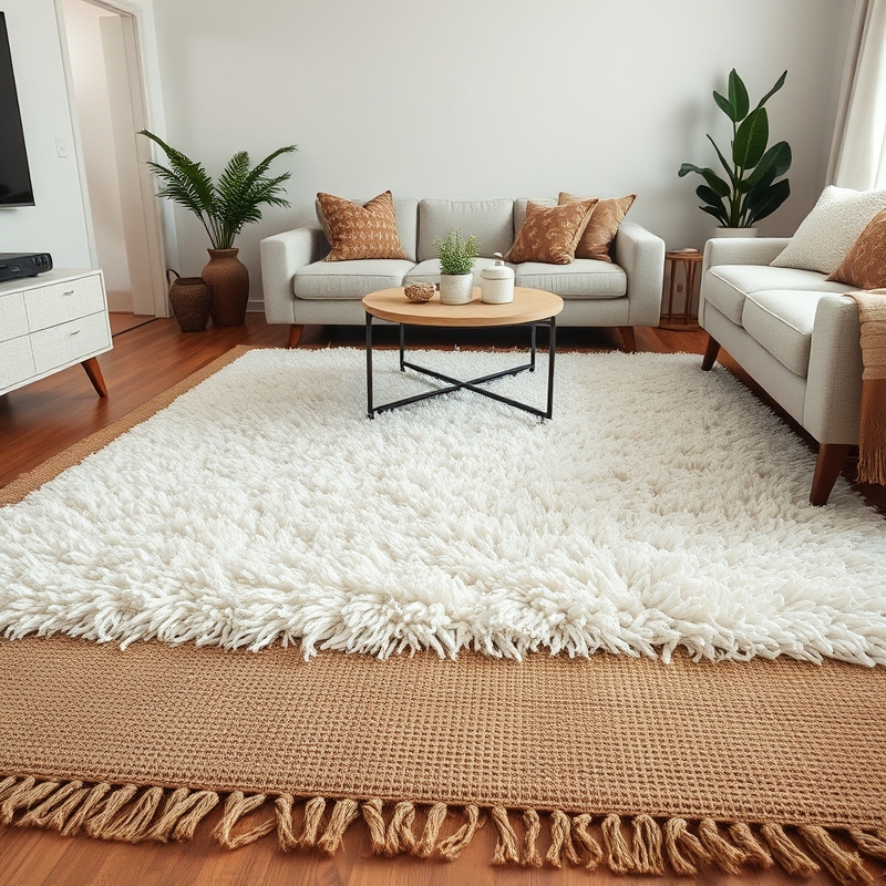 plush white shag rug partially layered over jute rug in living room