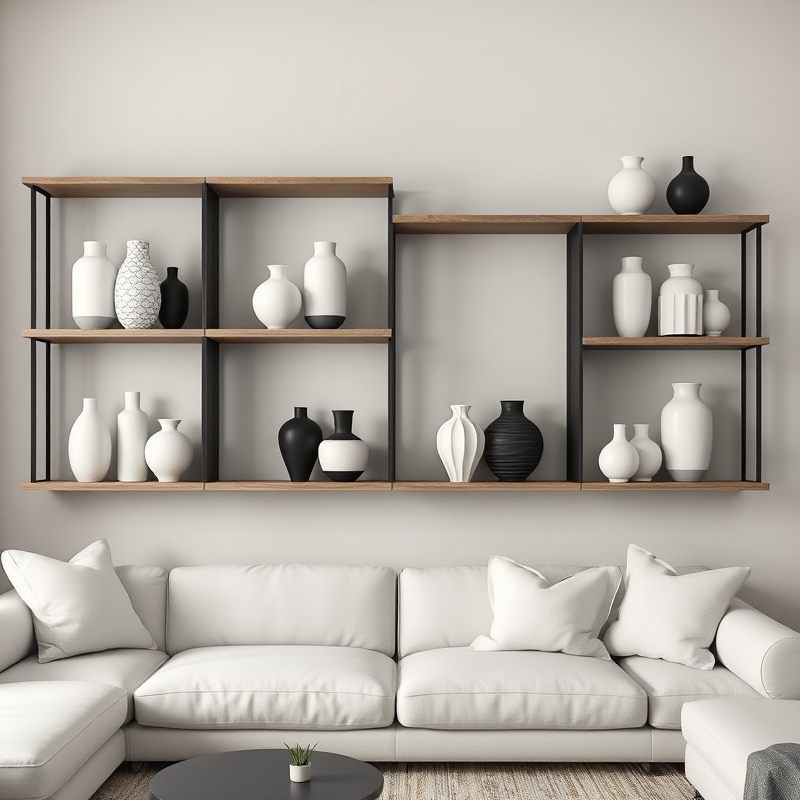 open wall shelves styled with monochrome ceramic vases in white and black