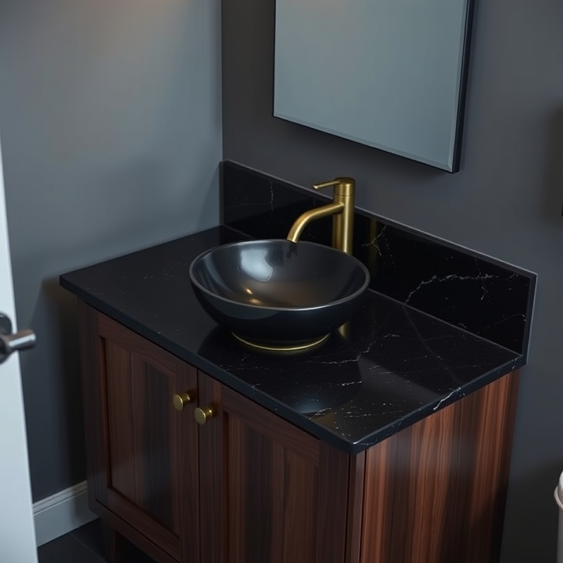 dark wood bathroom vanity with black granite top