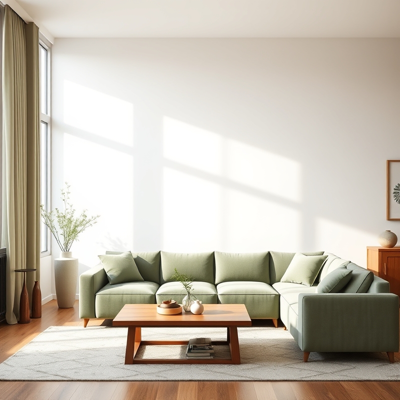 A plush sage green sofa in a light-filled room