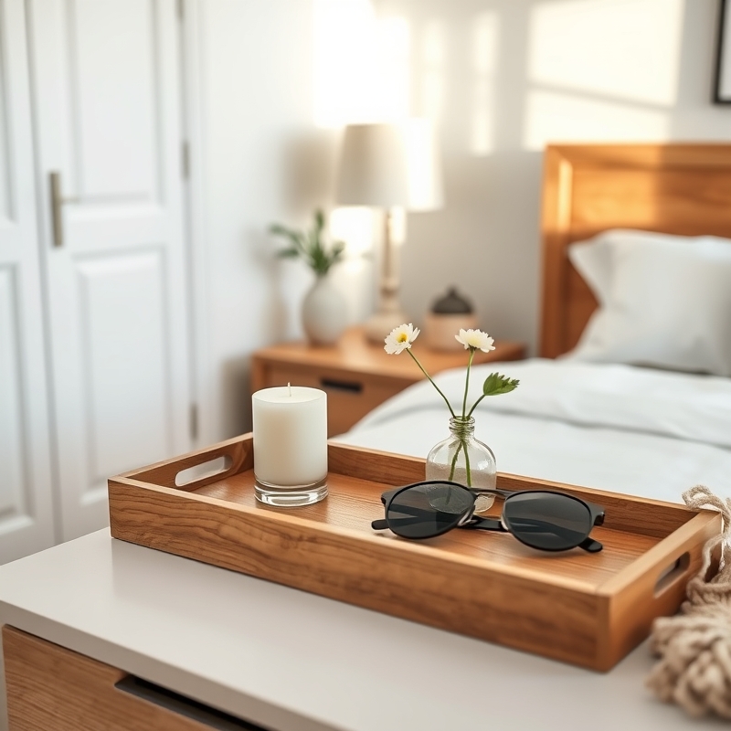 wooden tray on a dresser with a candle and small vase