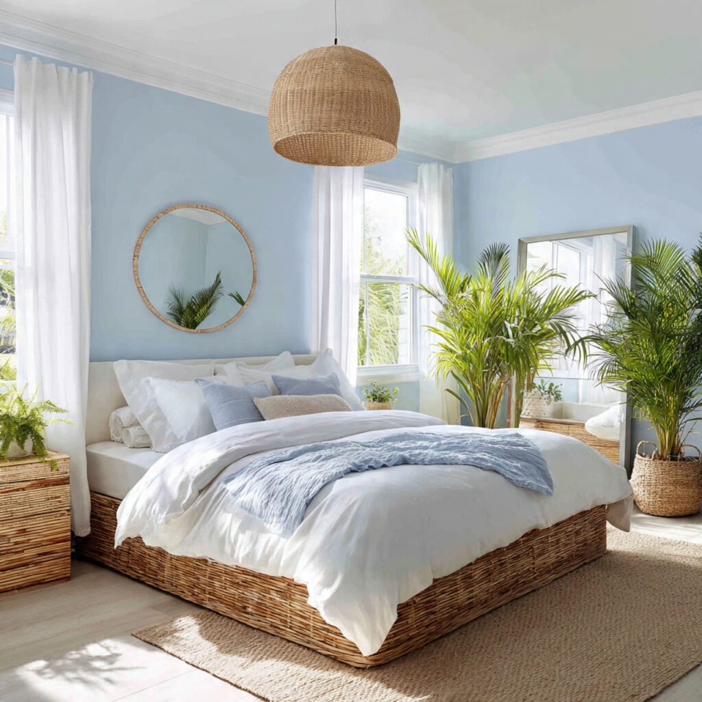 Sky Blue Walls With White Linen Bedding and Rattan Furniture