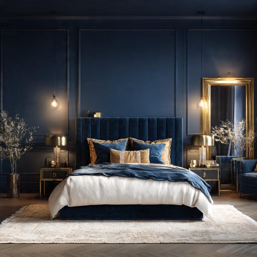 Deep Ocean Blue Bedroom With Gold and White Luxury Accents