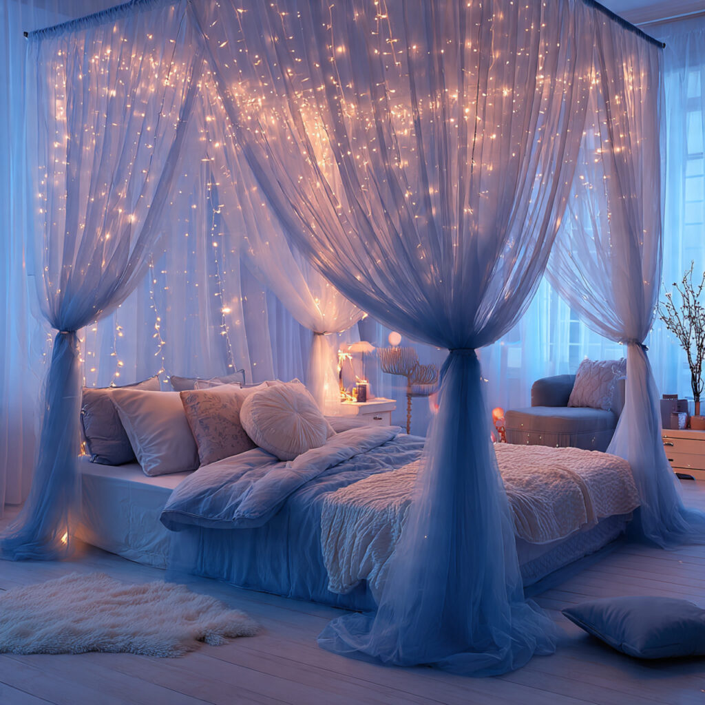Pale Blue Canopy Bed With White Sheer Curtains and Fairy Lights