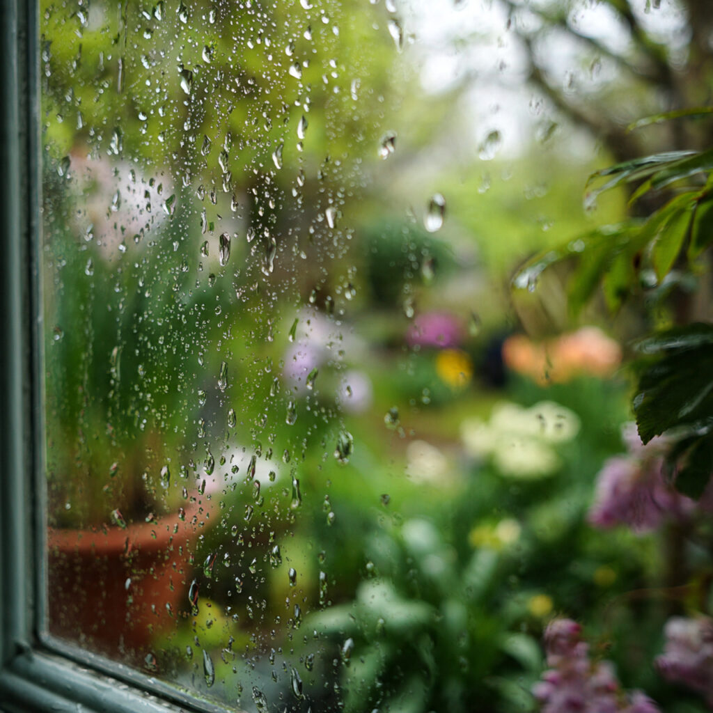 Rainy April Window With Spring Garden View