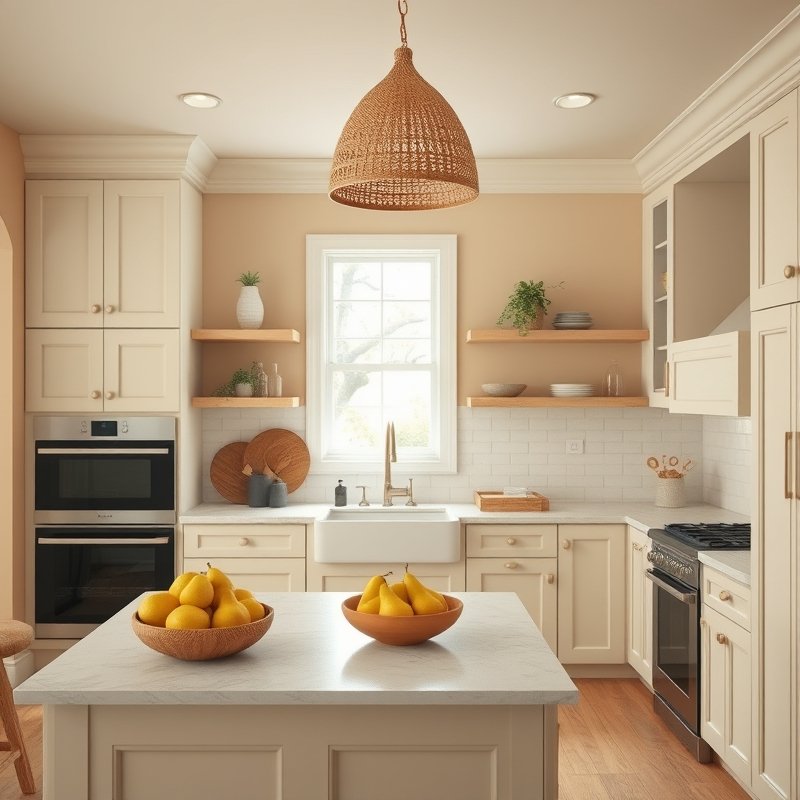Kitchen with beige walls, warm wood, and creamy counters