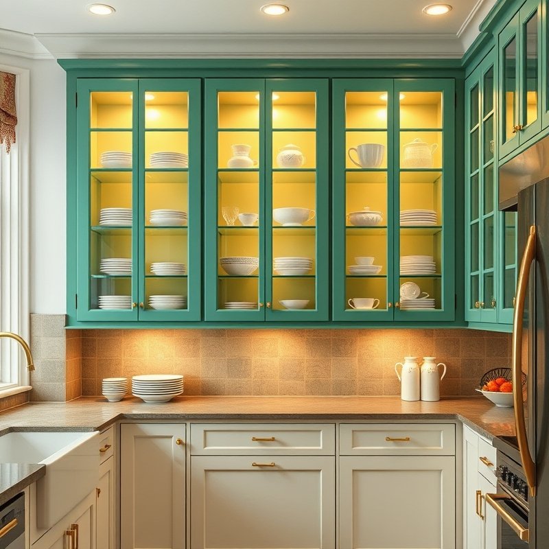 20 Green Kitchen Ideas That Bring Fresh, Natural Vibes Into Your Home Try This Look Now 9 Emerald green glass front upper kitchen cabinets with interior lighting