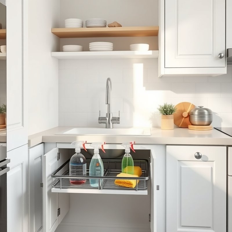24 Kitchen Cabinets Ideas That Maximize Storage and Elevate Your Space Upgrade Your Kitchen Today 22 pull-out tray system under a kitchen sink holding cleaning supplies