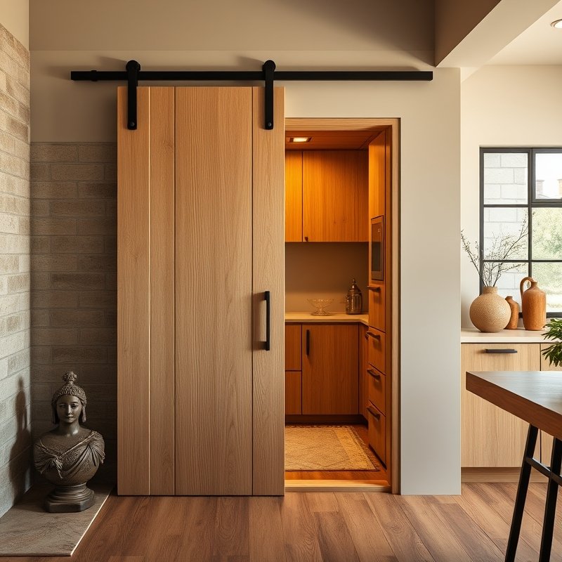 21 Japandi Kitchen Ideas That Blend Minimalist Style With Natural Calm Start Styling Now 19 sliding wooden barn door in light oak hiding a kitchen pantry