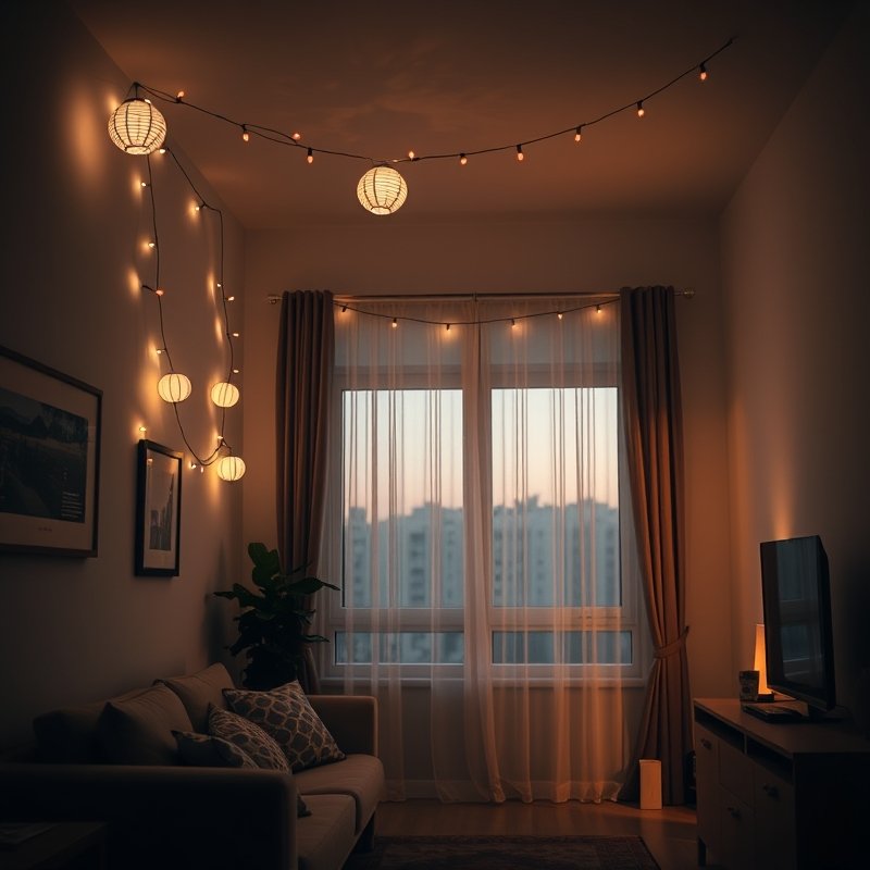 string lights with white paper lanterns draped along a wall or ceiling