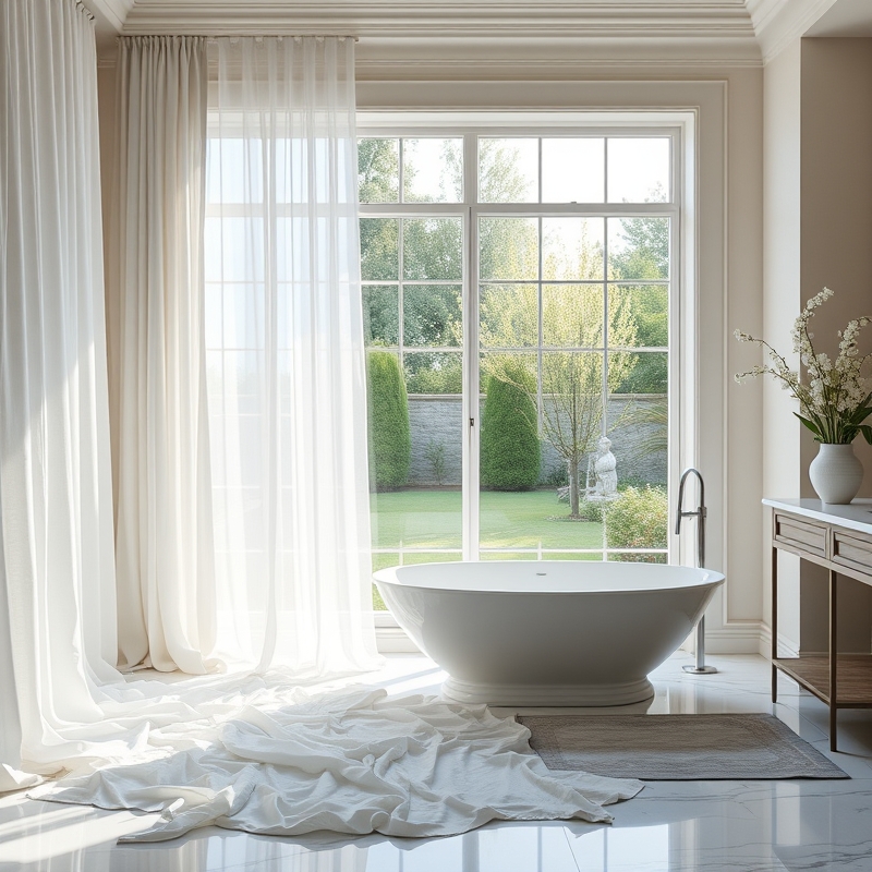 large bathroom window framed with sheer linen drapes and freestanding tub